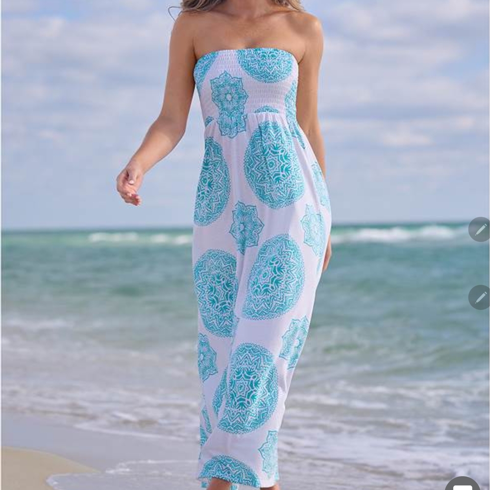 Strapless Blue and White Maxi Dress VENUS BRAND